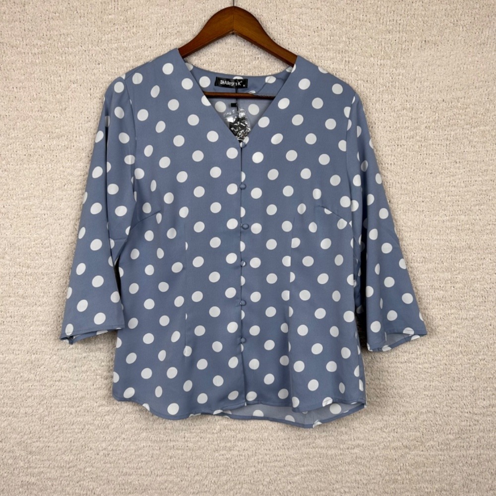 Allegra K Blouse Womens Medium Blue Polka Dot 3/4 Sleeve Button Front V-Neck Top